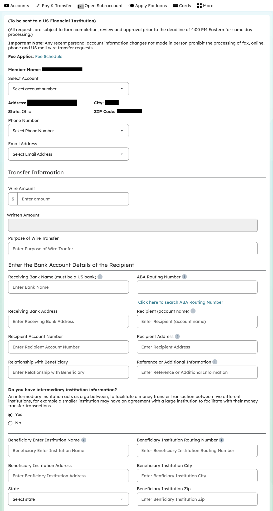 screenshot of online banking wire form